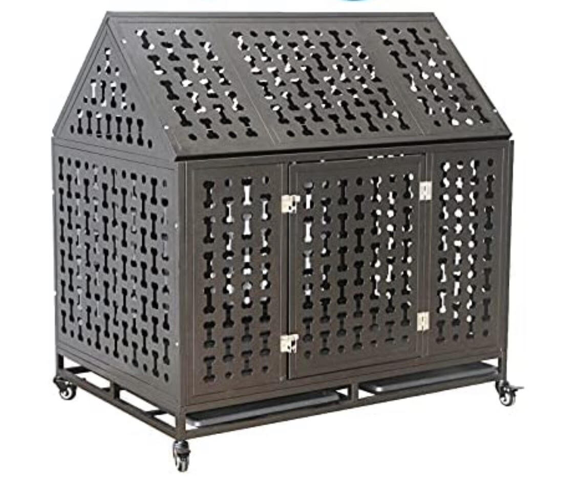 Gelinzon Heavy Duty Dog Cage Crate Kennel Roof Strong Metal for Large Dogs Easy to Assemble Pet Playpen with Four Wheels 